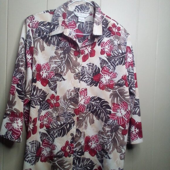 Allison Daley Blouse 16 Button Up 3/4 Sleeve Textured Floral Brown Red - Picture 1 of 13